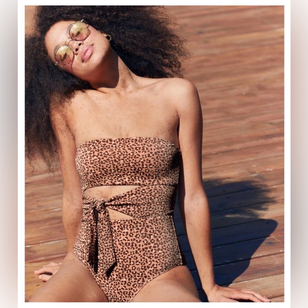 Aerie Small Long Bandeau One Piece Leopard Print Swimsuit